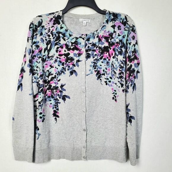 Croft & Barrow XL Gray Floral Cardigan Sweater - Picture 2 of 7